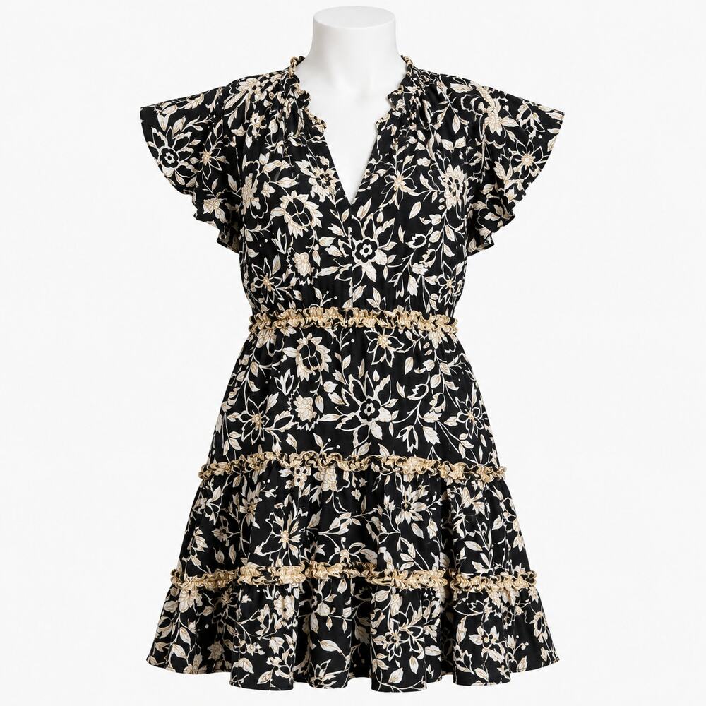 Anthropologie Black Floral Tiered Mini Dress Women's Small Flutter Sleeve